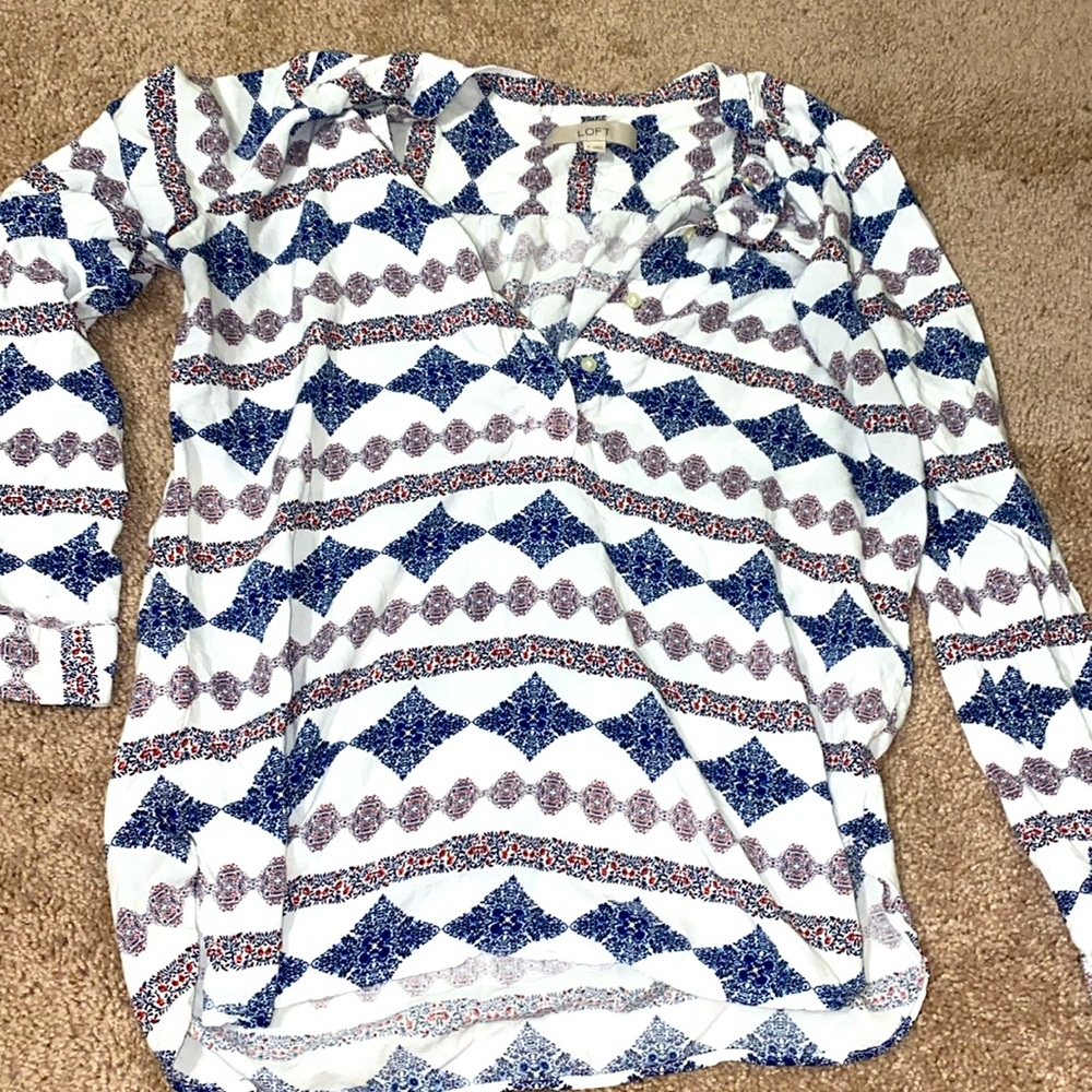 Women’s Blue & White Geometric Blouse | Size S | Workwear